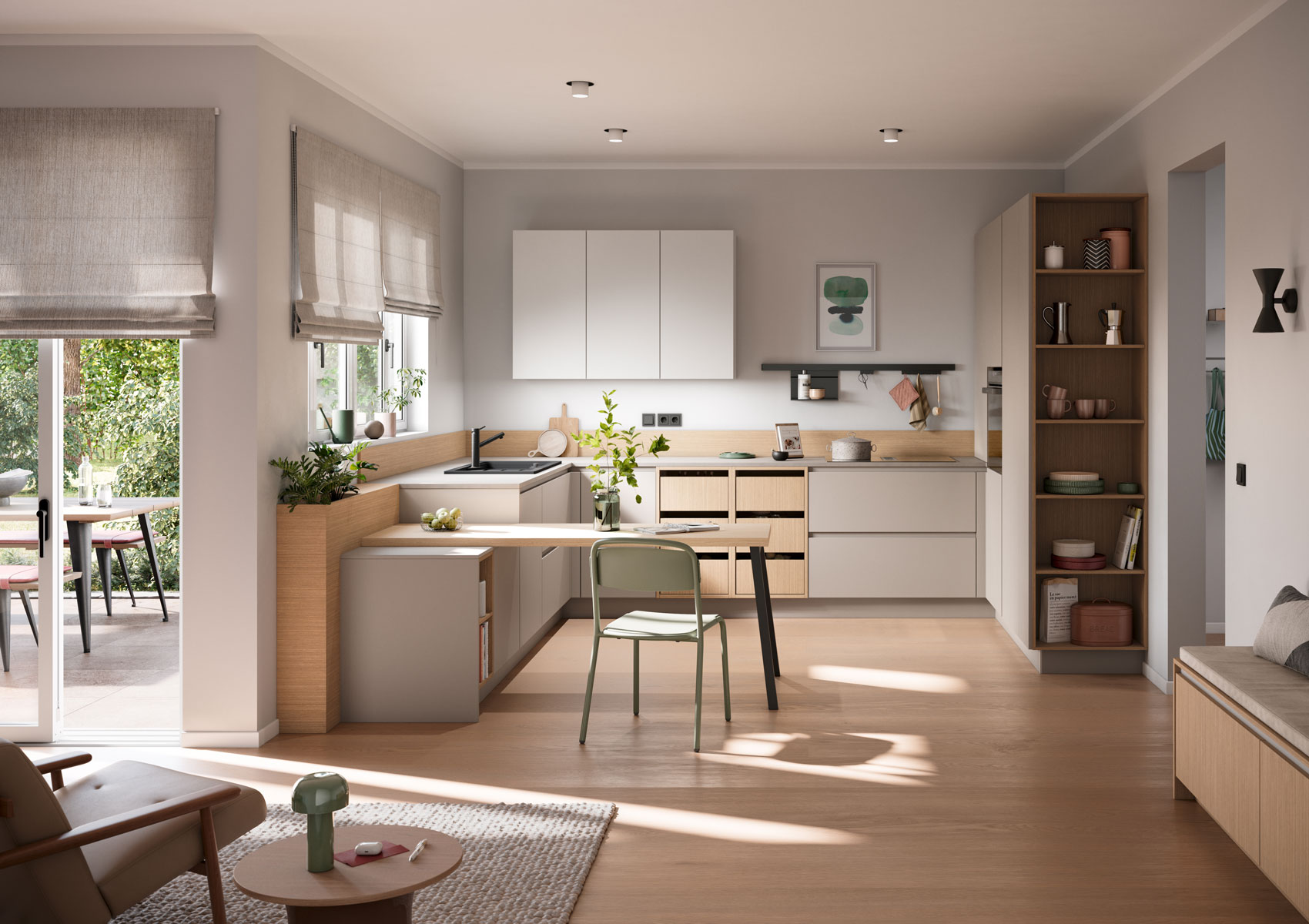 Haecker Kuechen Haecker-moderne-U-Kueche-Sand-mit-Tisch