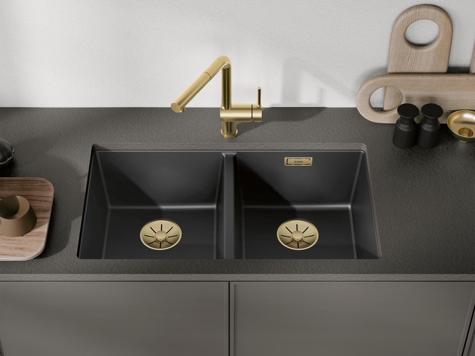 Blanco-Wasserplatz-mit-zwei-Spuelbecken-Schwarz-Gold