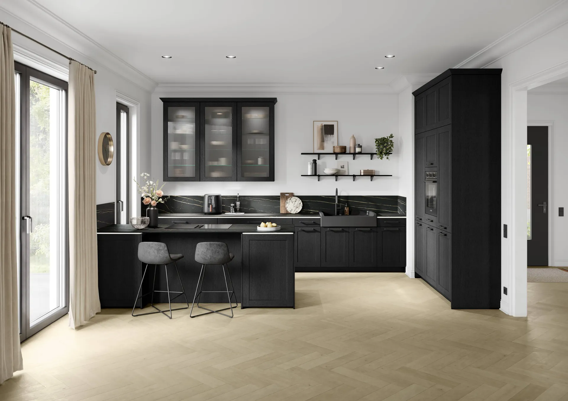 Nobilia Frame Landhausküche Holzstruktur Schwarz
